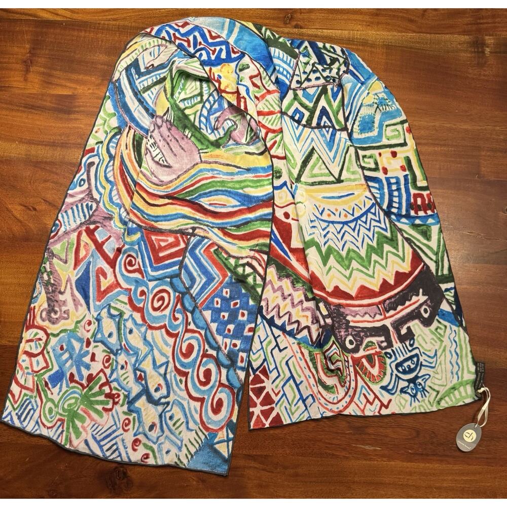 Cocoon House Artsy Geometric 100% Silk Rectangular Scarf (15” x 61”) - NEW